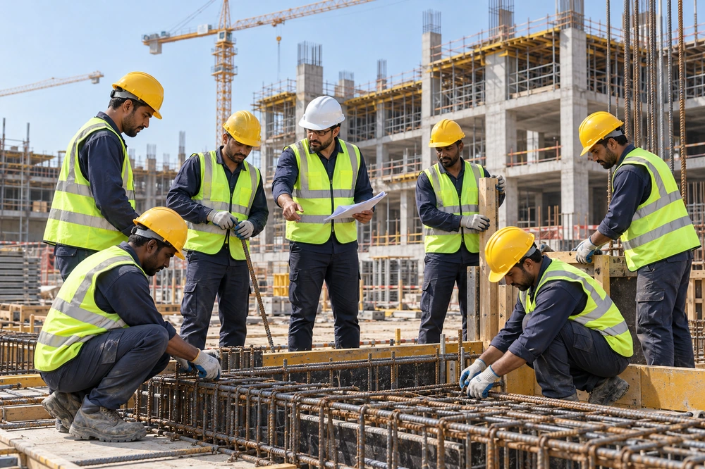 Construction workforce collaborating on reinforcement and formwork